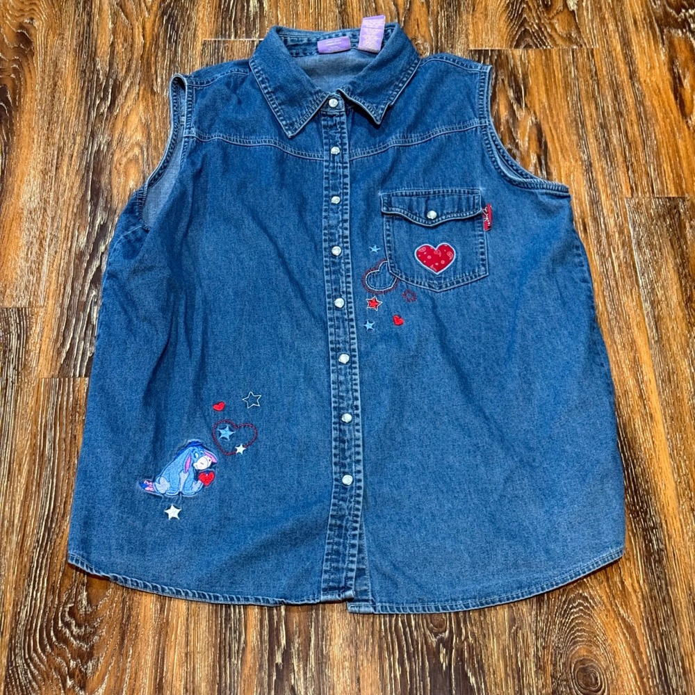 Disney Eeyore Denim Vest Women Blue Embroidered Heart Sleeveless Top 14W/16W XL